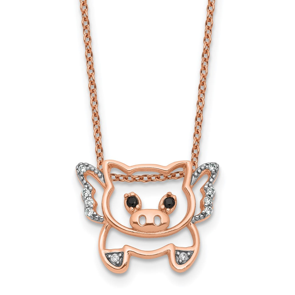 Sterling Silver Cheryl M Rose Gold-Plated CZ Flying Pig 16in w/2in Ext Necklace