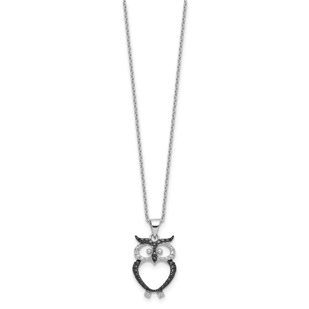 Sterling Silver Cheryl M Rh-Pltd W/ Blk Rh Blk/wht CZ Owl 16in w/2in Ext Necklace