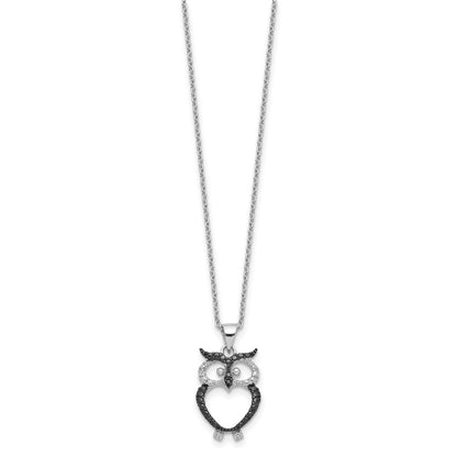 Sterling Silver Cheryl M Rh-Pltd W/ Blk Rh Blk/wht CZ Owl 16in w/2in Ext Necklace