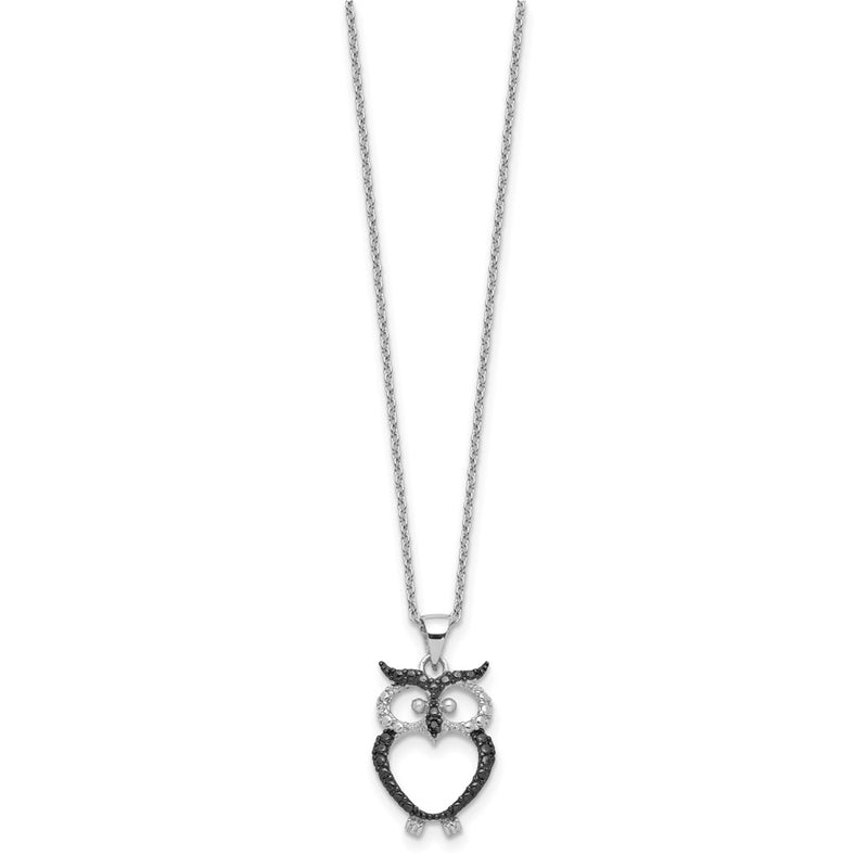 Sterling Silver Cheryl M Rh-Pltd W/ Blk Rh Blk/wht CZ Owl 16in w/2in Ext Necklace