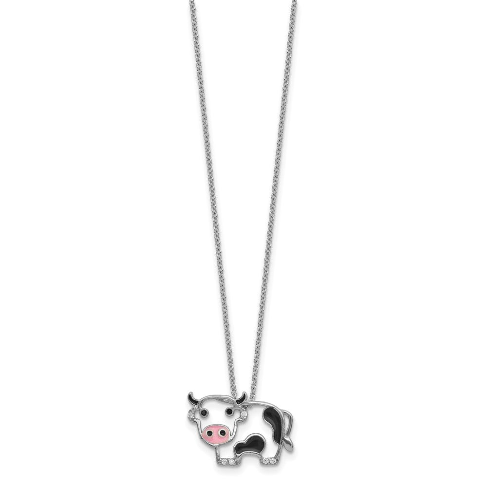 Sterling Silver Cheryl M Rh-Pltd Enamel Blk/wht CZ Cow 16in w/2in Ext Necklace