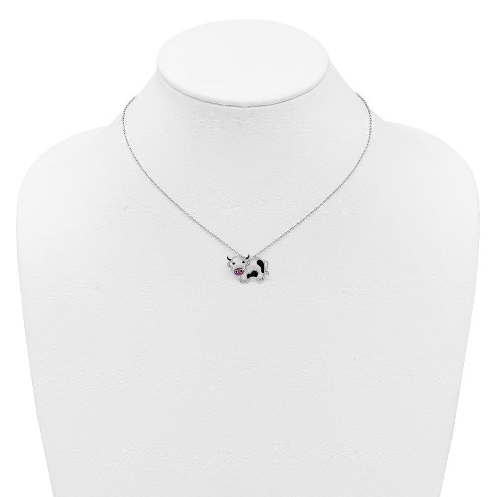 Sterling Silver Cheryl M Rh-Pltd Enamel Blk/wht CZ Cow 16in w/2in Ext Necklace
