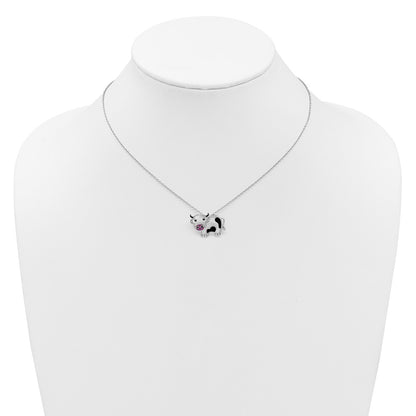 Sterling Silver Cheryl M Rh-Pltd Enamel Blk/wht CZ Cow 16in w/2in Ext Necklace