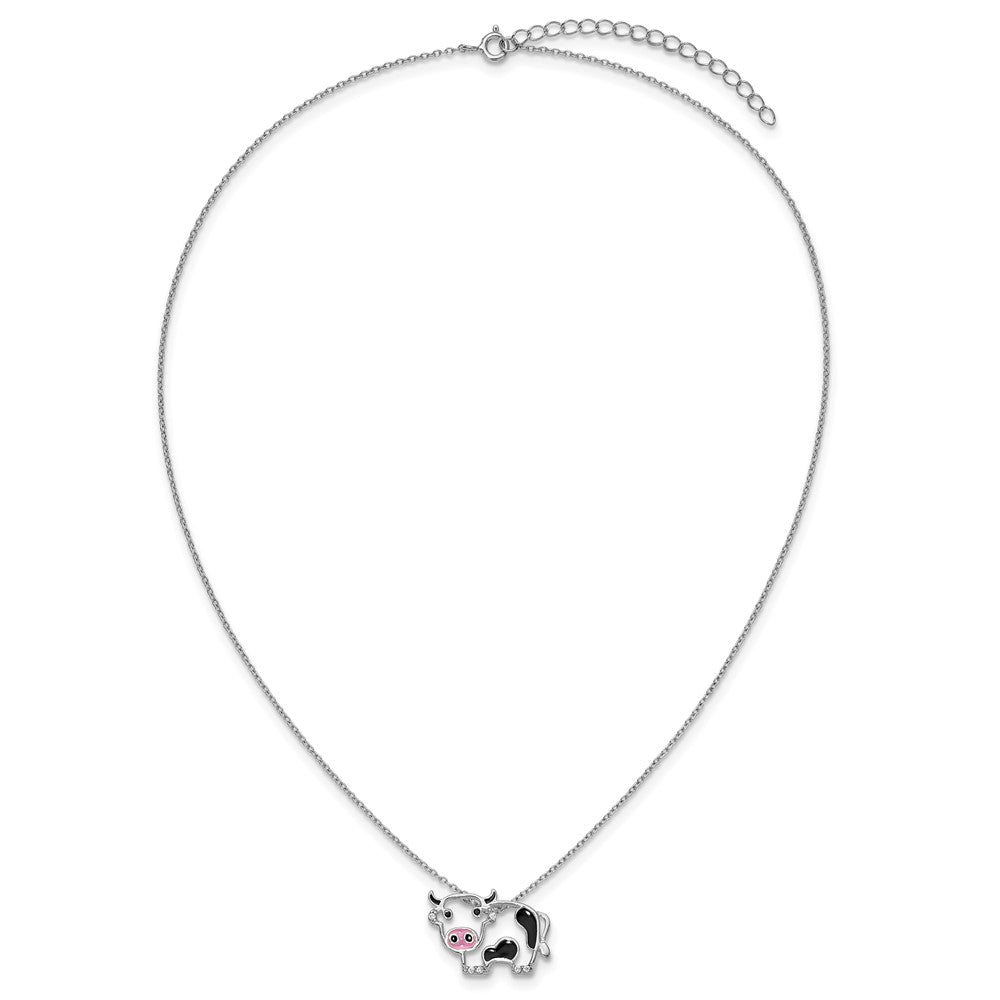 Sterling Silver Cheryl M Rh-Pltd Enamel Blk/wht CZ Cow 16in w/2in Ext Necklace