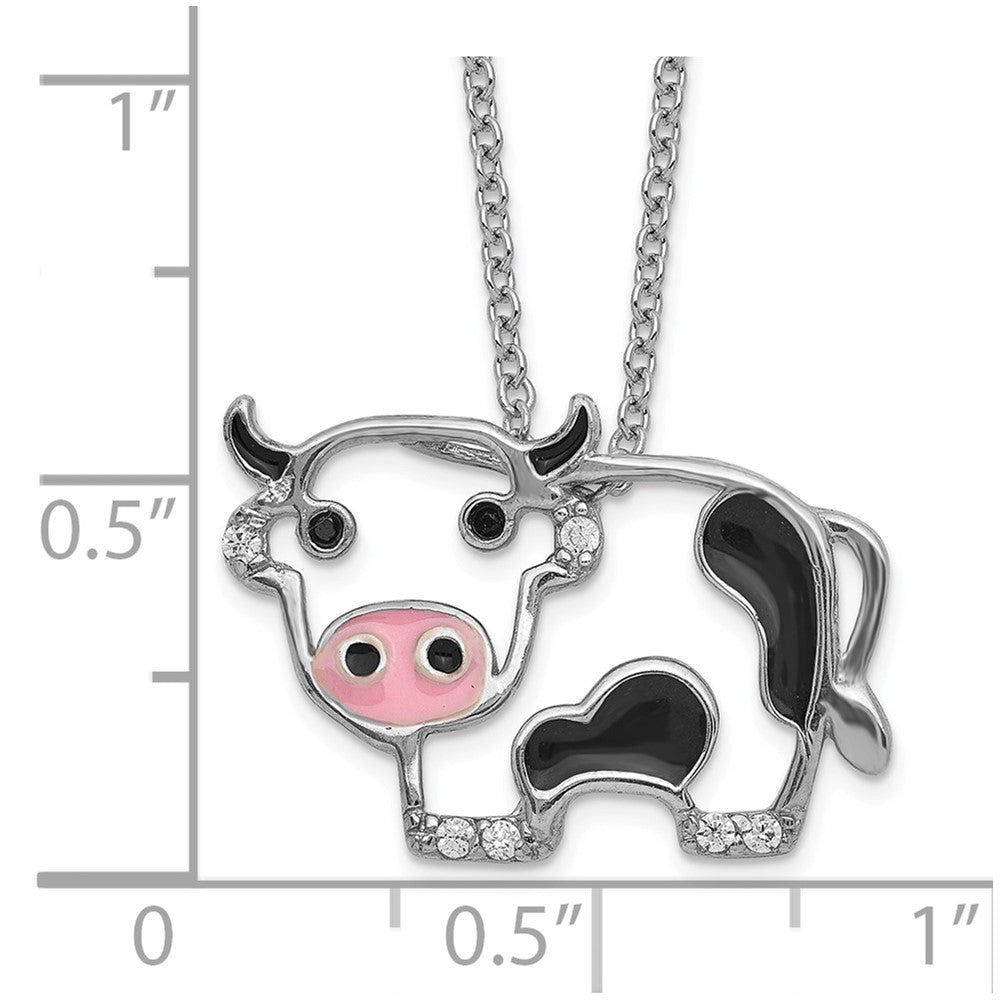 Sterling Silver Cheryl M Rh-Pltd Enamel Blk/wht CZ Cow 16in w/2in Ext Necklace