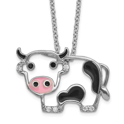 Sterling Silver Cheryl M Rh-Pltd Enamel Blk/wht CZ Cow 16in w/2in Ext Necklace