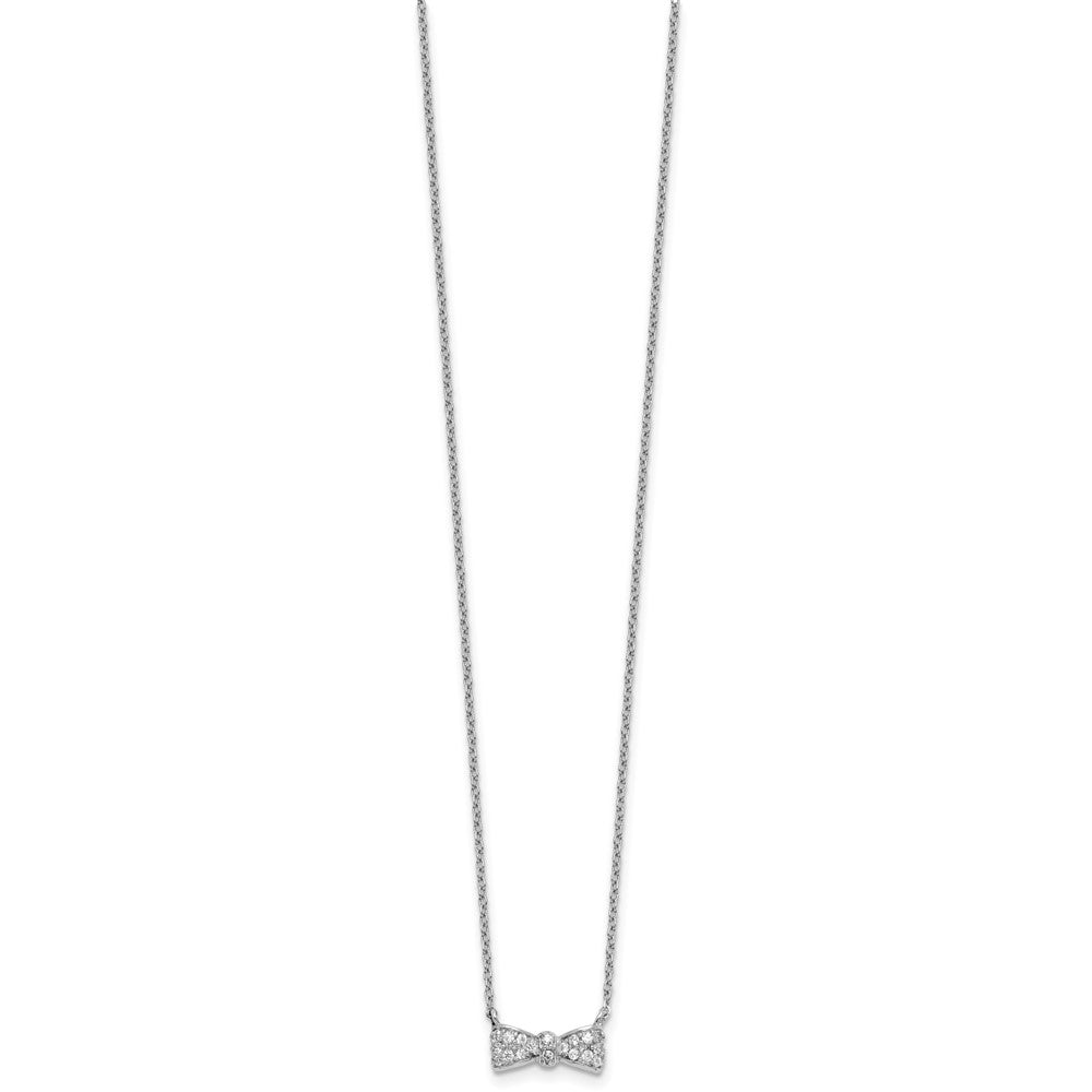 Sterling Silver Cheryl M Rhodium Plated CZ Bow 16in W/ 2in Ext Necklace