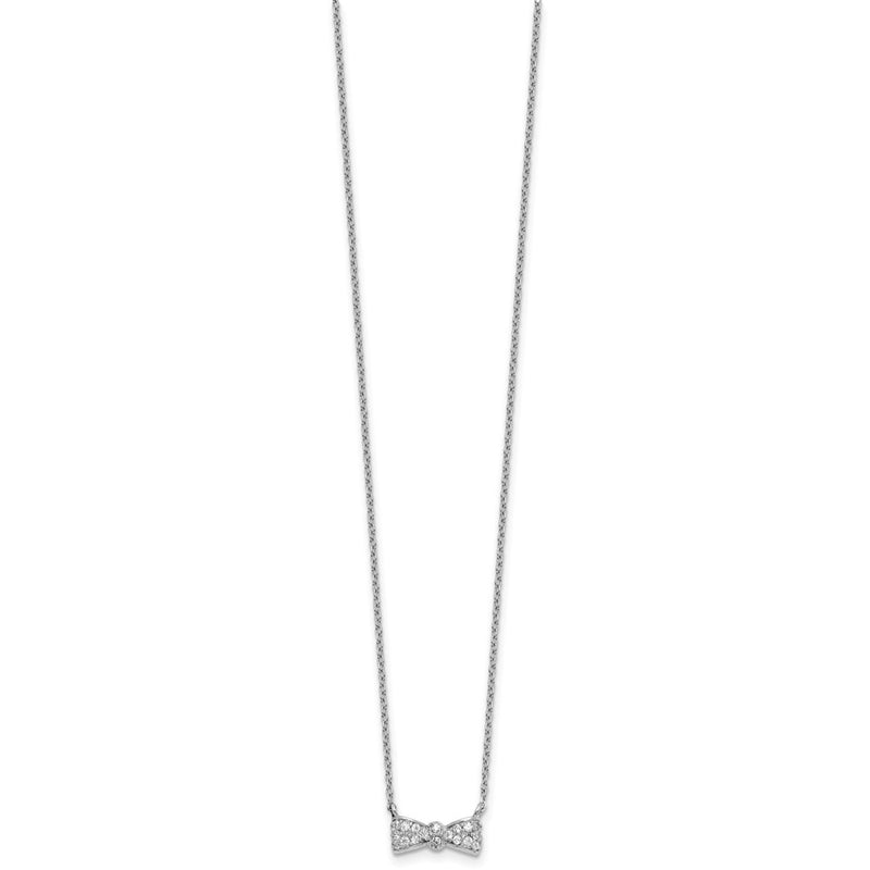 Sterling Silver Cheryl M Rhodium Plated CZ Bow 16in W/ 2in Ext Necklace
