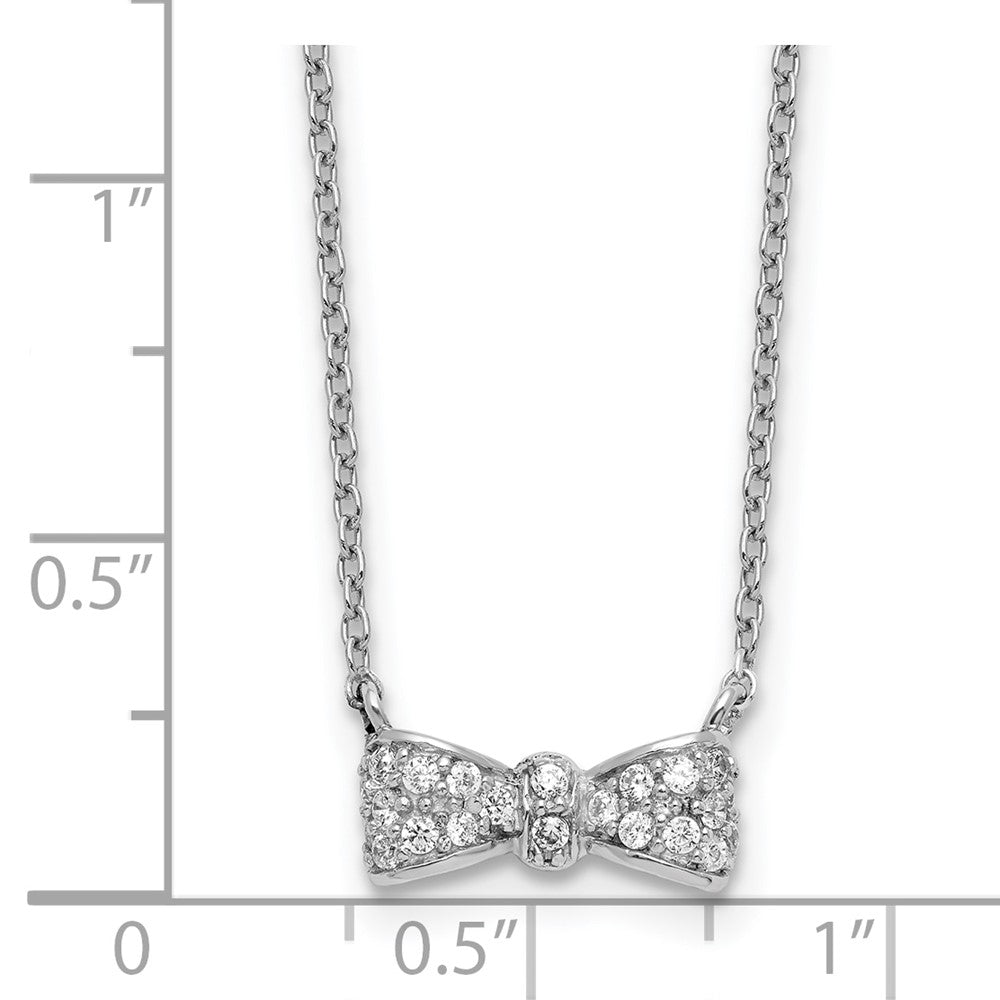 Sterling Silver Cheryl M Rhodium Plated CZ Bow 16in W/ 2in Ext Necklace