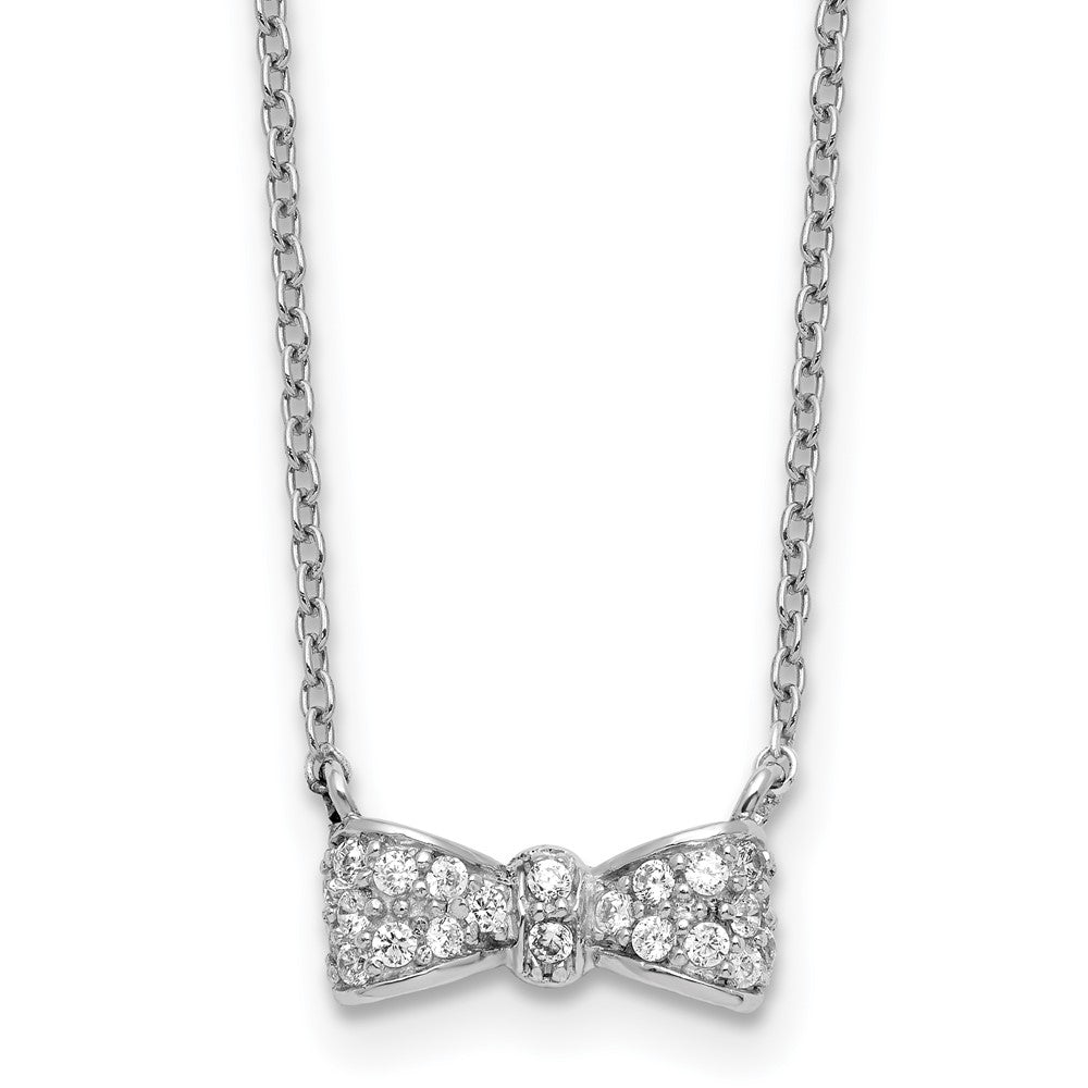 Sterling Silver Cheryl M Rhodium Plated CZ Bow 16in W/ 2in Ext Necklace