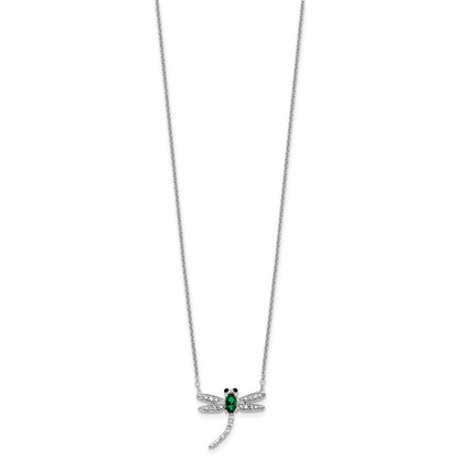 Sterling Silver Cheryl M Rh-Pltd Green Glass & CZ Dragonfly w/2in Ext Necklace