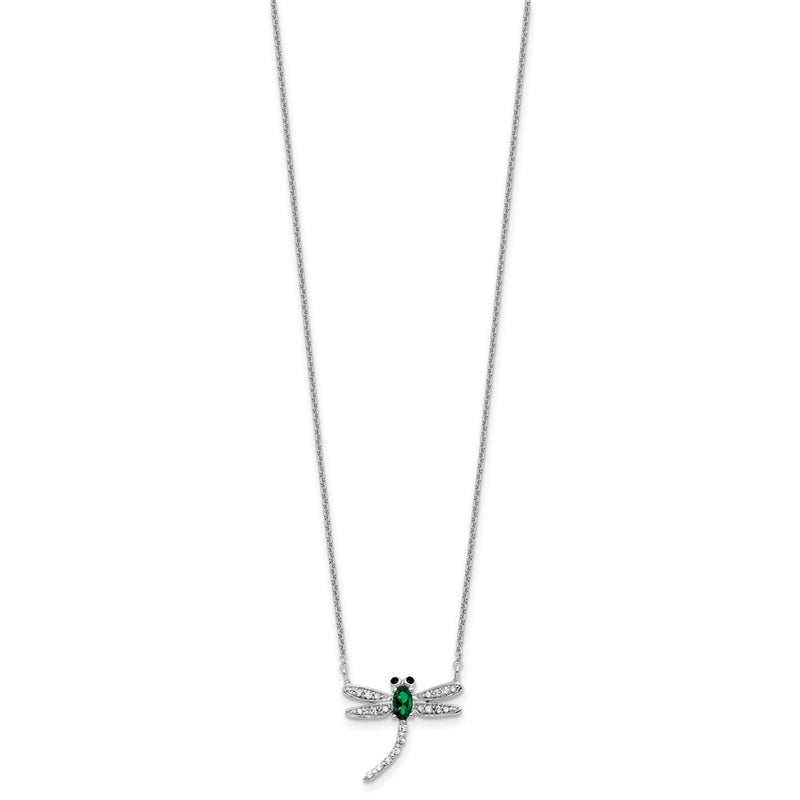 Sterling Silver Cheryl M Rh-Pltd Green Glass & CZ Dragonfly w/2in Ext Necklace