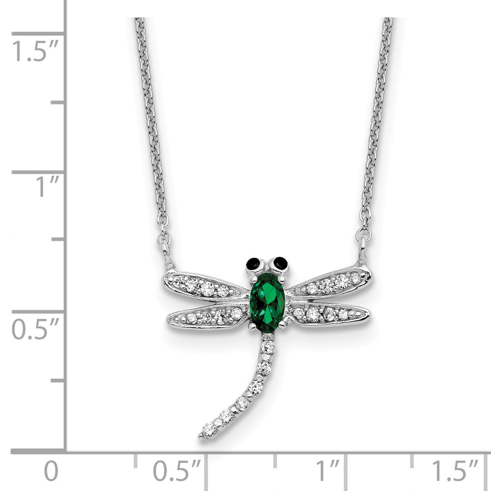 Sterling Silver Cheryl M Rh-Pltd Green Glass & CZ Dragonfly w/2in Ext Necklace