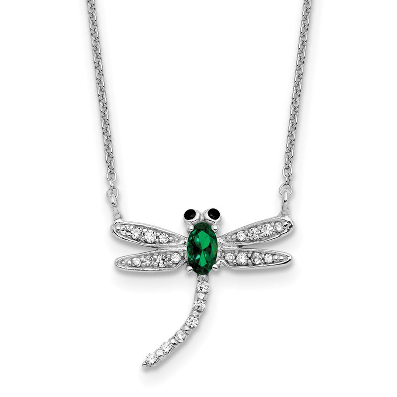 Sterling Silver Cheryl M Rh-Pltd Green Glass & CZ Dragonfly w/2in Ext Necklace