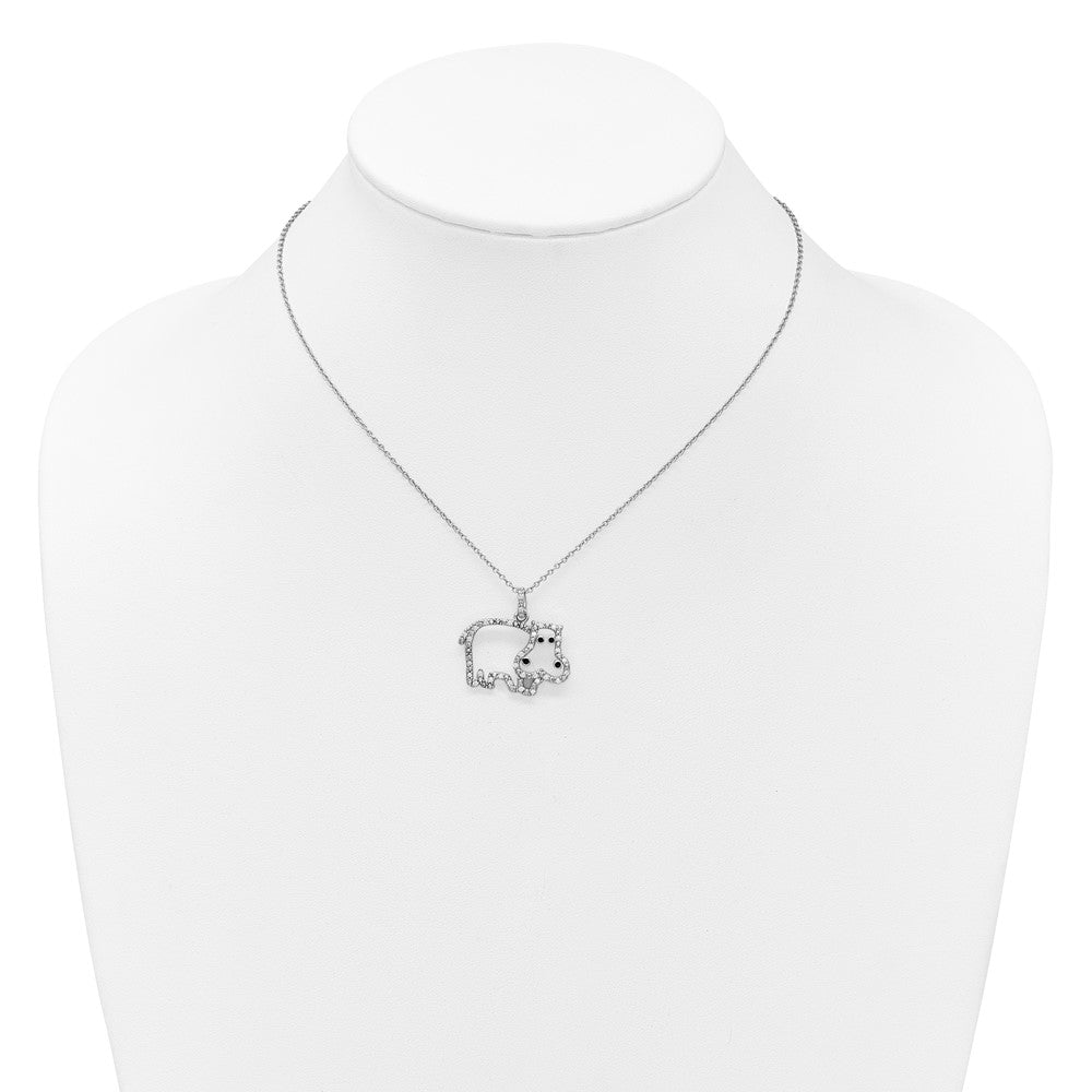 Sterling Silver Cheryl M Rhodium Plated Enamel CZ Hippo 16in w/2in Ext Necklace
