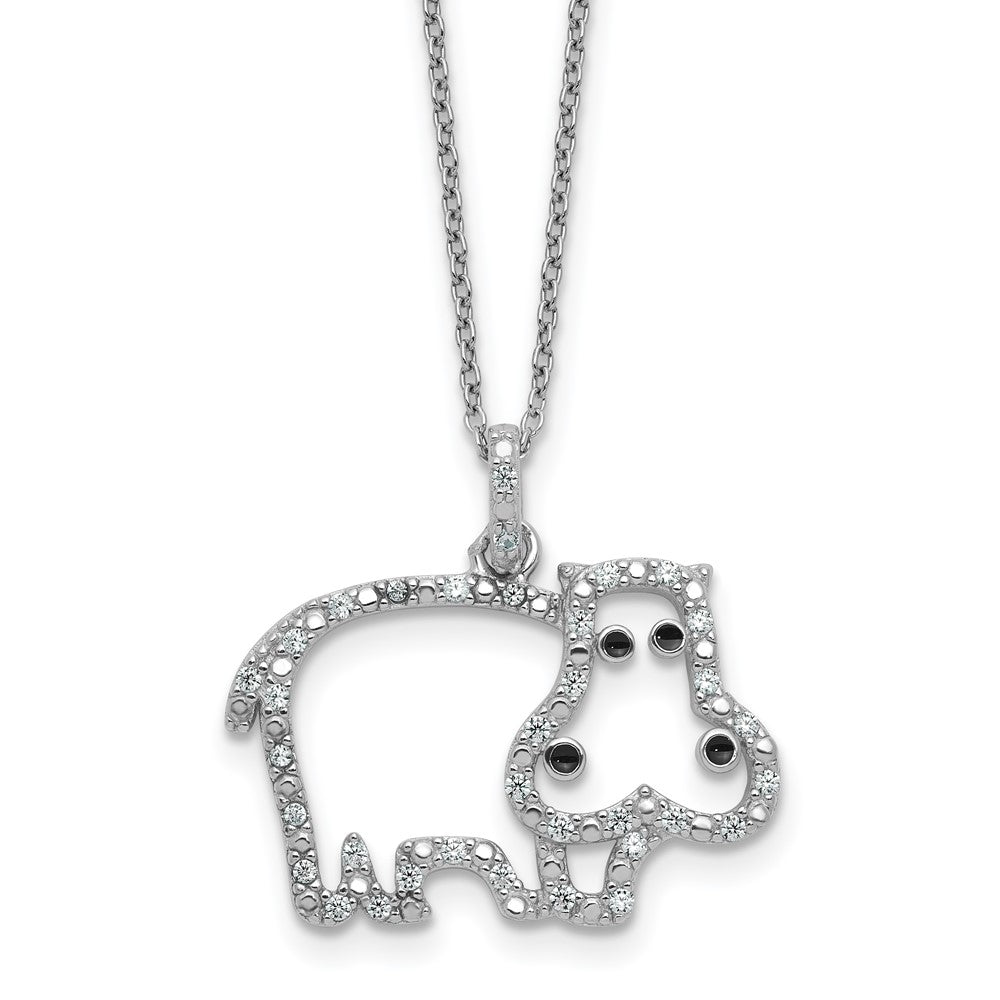 Sterling Silver Cheryl M Rhodium Plated Enamel CZ Hippo 16in w/2in Ext Necklace