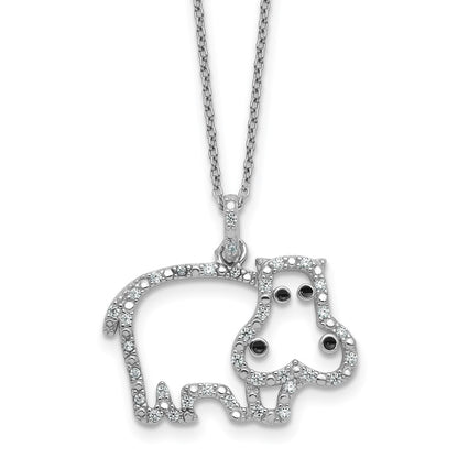 Sterling Silver Cheryl M Rhodium Plated Enamel CZ Hippo 16in w/2in Ext Necklace