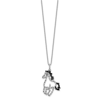 Sterling Silver Cheryl M Rhodium Plated Blk/wht CZ Horse 16in w/2in Ext Necklace