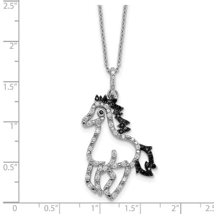 Sterling Silver Cheryl M Rhodium Plated Blk/wht CZ Horse 16in w/2in Ext Necklace