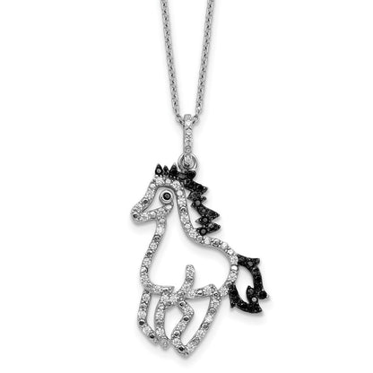 Sterling Silver Cheryl M Rhodium Plated Blk/wht CZ Horse 16in w/2in Ext Necklace