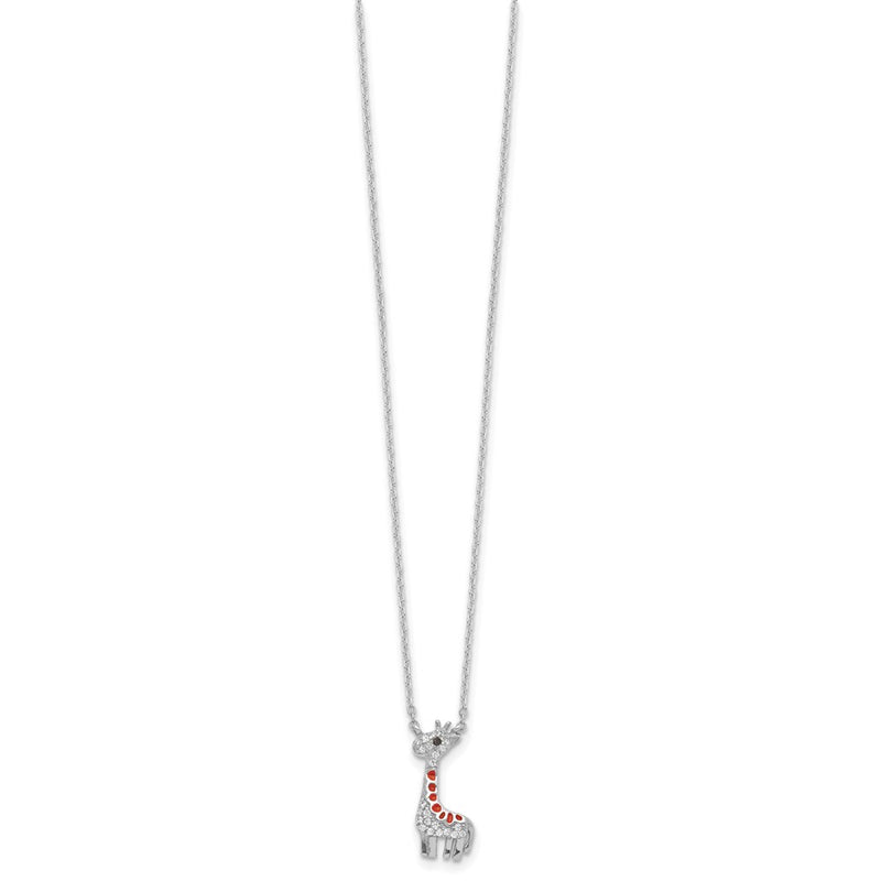 Sterling Silver Cheryl M Rhodium Plated Enamel CZ Giraffe 16in w/2in Ext Necklace