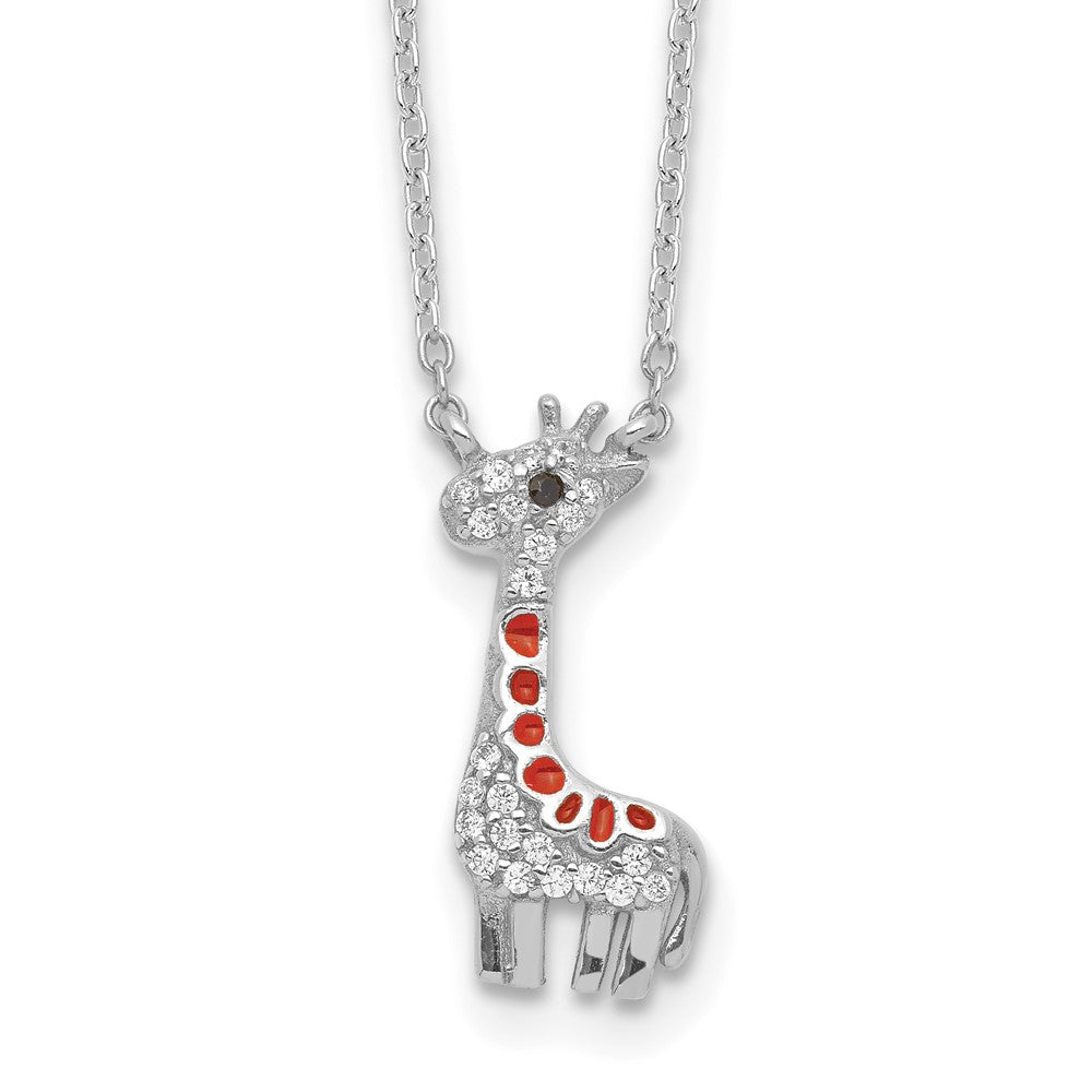 Sterling Silver Cheryl M Rhodium Plated Enamel CZ Giraffe 16in w/2in Ext Necklace