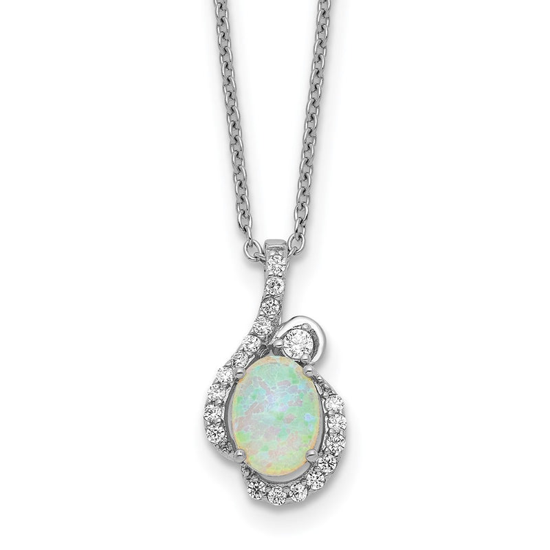 Sterling Silver Cheryl M Rhodium Plated Lab Cr. Opal & CZ 16in W/ 2in Ext Necklace