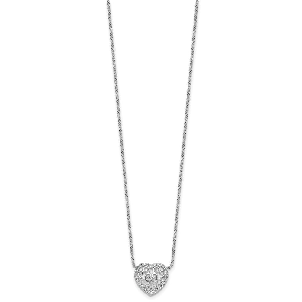 Sterling Silver Cheryl M Rhodium Plated Filigree CZ Heart 16in W/ 2in Ext Necklace