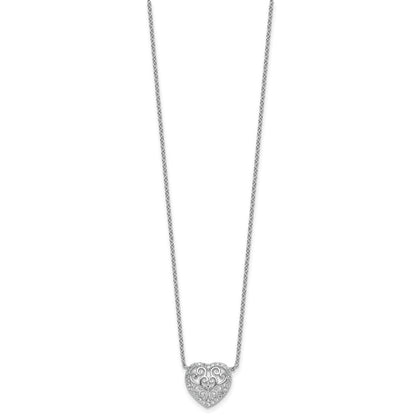Sterling Silver Cheryl M Rhodium Plated Filigree CZ Heart 16in W/ 2in Ext Necklace