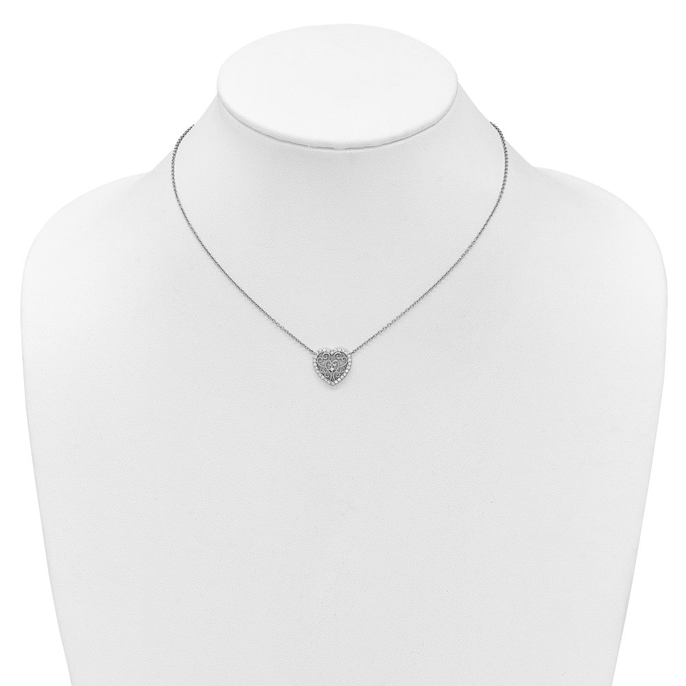 Sterling Silver Cheryl M Rhodium Plated Filigree CZ Heart 16in W/ 2in Ext Necklace