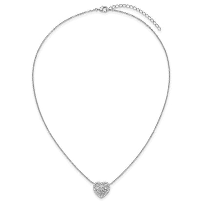 Sterling Silver Cheryl M Rhodium Plated Filigree CZ Heart 16in W/ 2in Ext Necklace
