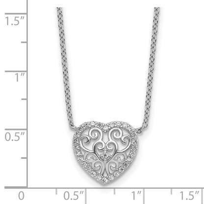 Sterling Silver Cheryl M Rhodium Plated Filigree CZ Heart 16in W/ 2in Ext Necklace