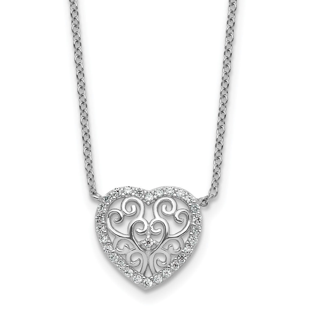 Sterling Silver Cheryl M Rhodium Plated Filigree CZ Heart 16in W/ 2in Ext Necklace