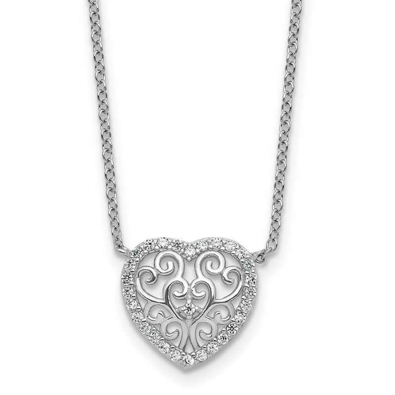Sterling Silver Cheryl M Rhodium Plated Filigree CZ Heart 16in W/ 2in Ext Necklace