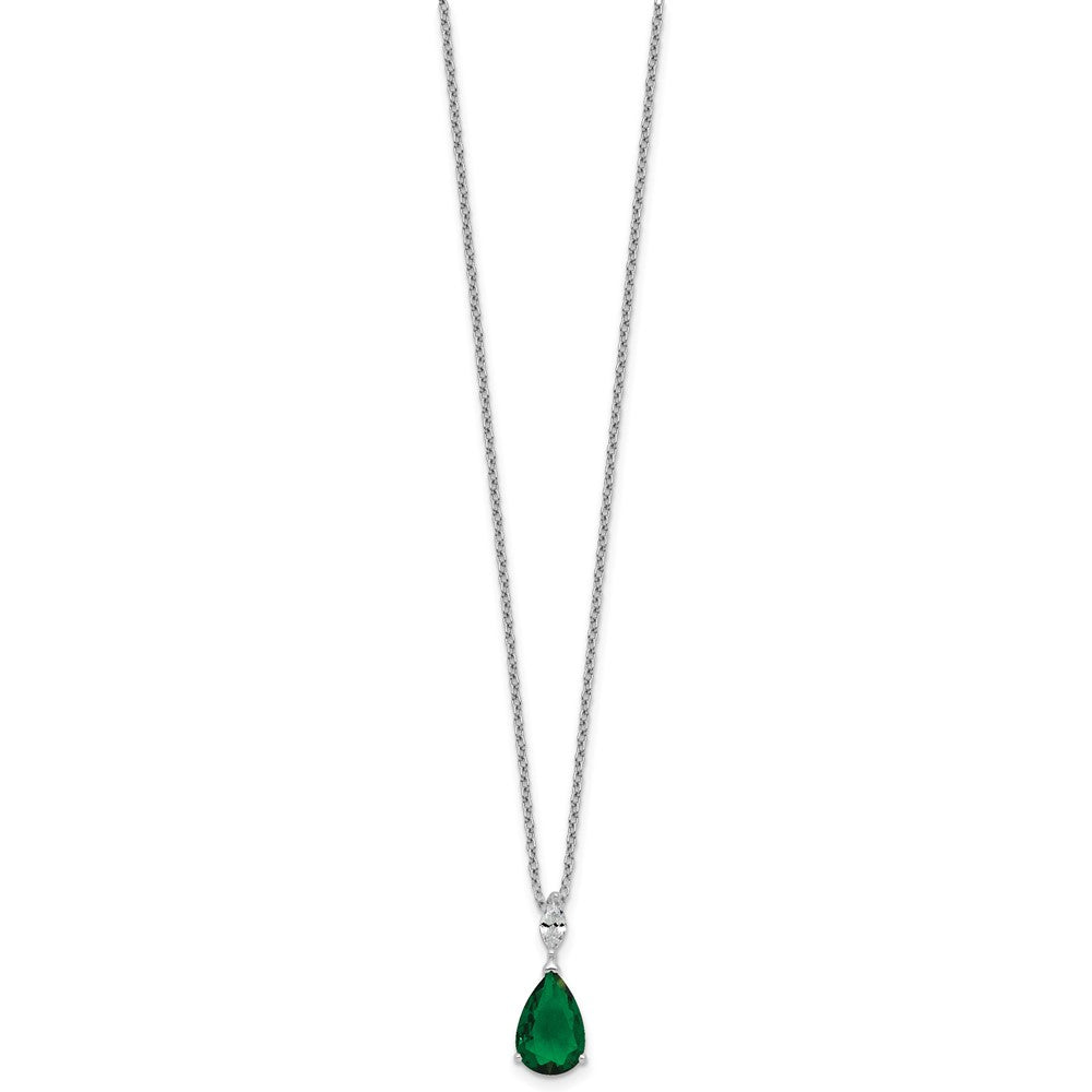 Sterling Silver Cheryl M Rhodium Plated CZ & Green Glass Teardrop 18in Necklace