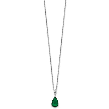 Sterling Silver Cheryl M Rhodium Plated CZ & Green Glass Teardrop 18in Necklace
