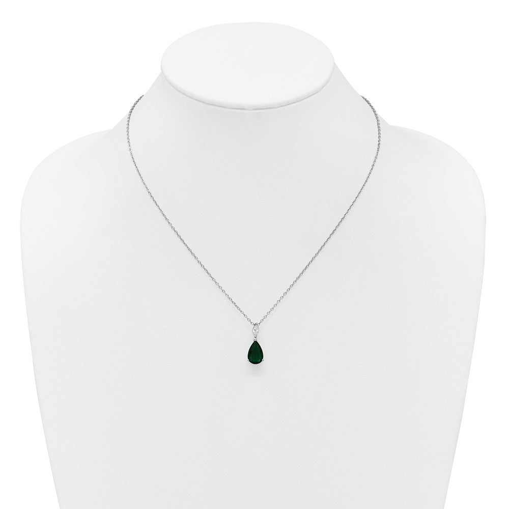 Sterling Silver Cheryl M Rhodium Plated CZ & Green Glass Teardrop 18in Necklace