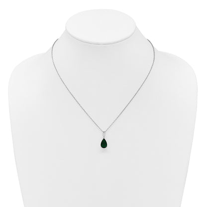 Sterling Silver Cheryl M Rhodium Plated CZ & Green Glass Teardrop 18in Necklace