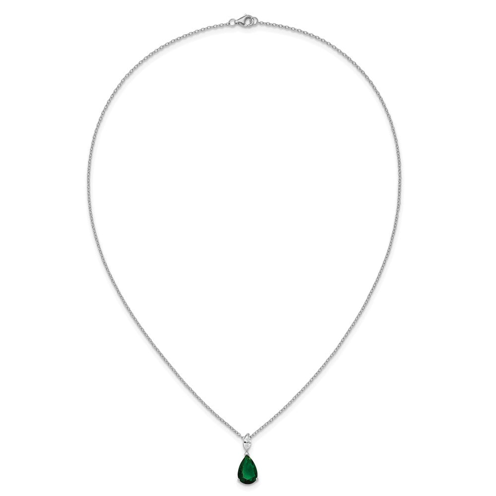 Sterling Silver Cheryl M Rhodium Plated CZ & Green Glass Teardrop 18in Necklace