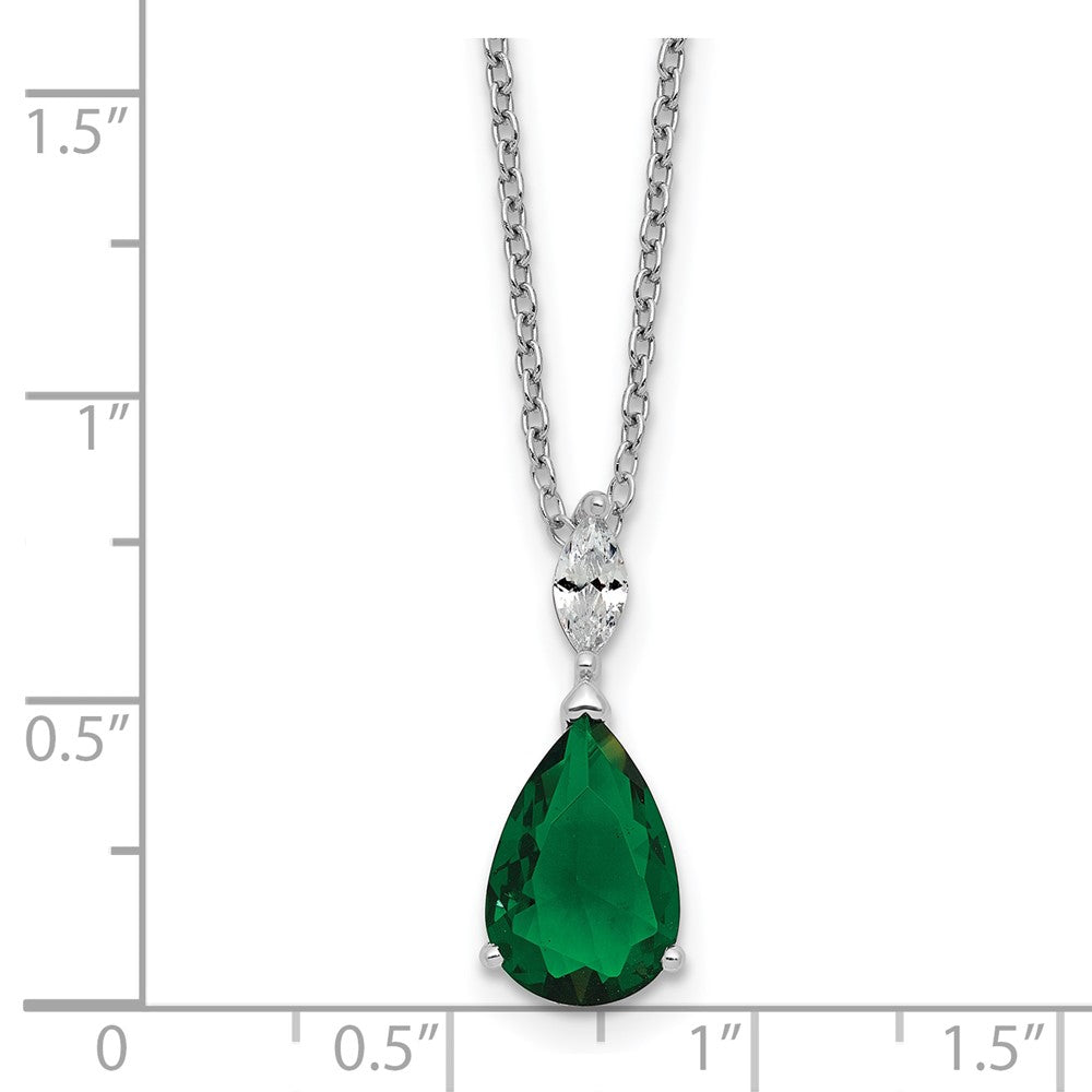 Sterling Silver Cheryl M Rhodium Plated CZ & Green Glass Teardrop 18in Necklace