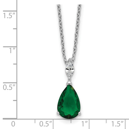 Sterling Silver Cheryl M Rhodium Plated CZ & Green Glass Teardrop 18in Necklace