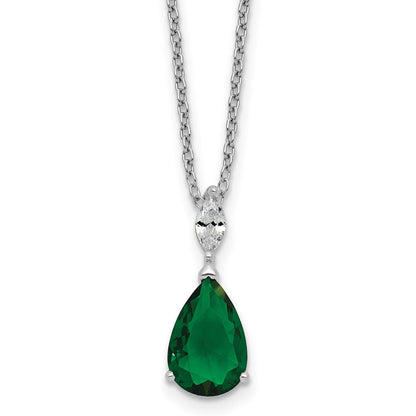 Sterling Silver Cheryl M Rhodium Plated CZ & Green Glass Teardrop 18in Necklace