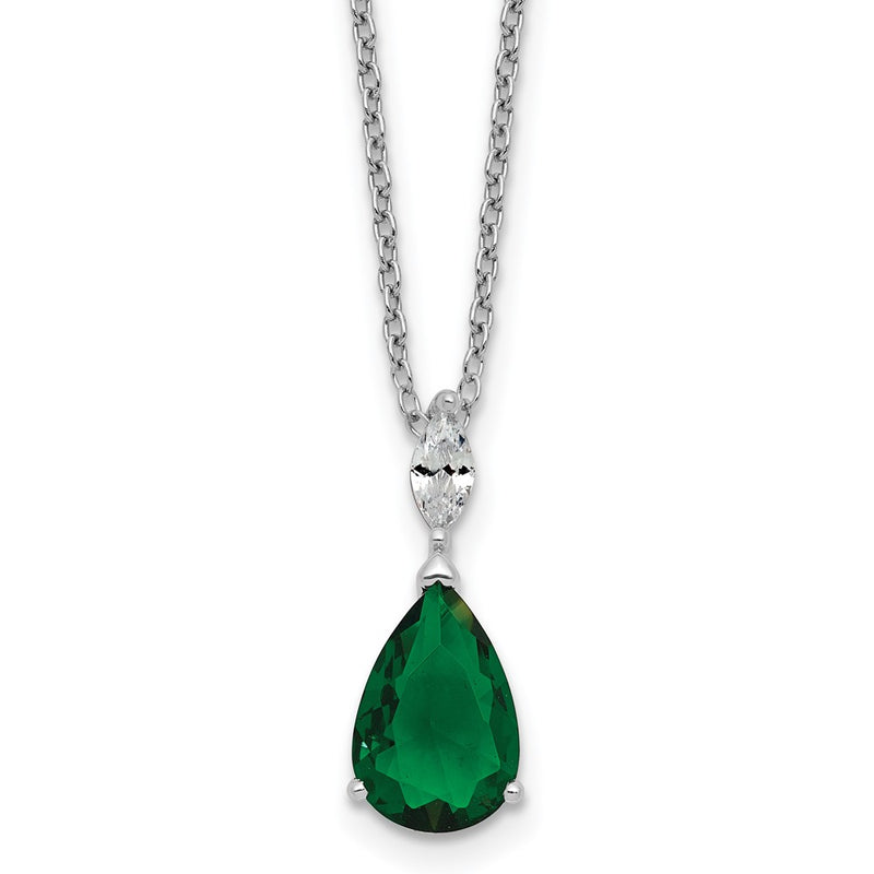 Sterling Silver Cheryl M Rhodium Plated CZ & Green Glass Teardrop 18in Necklace