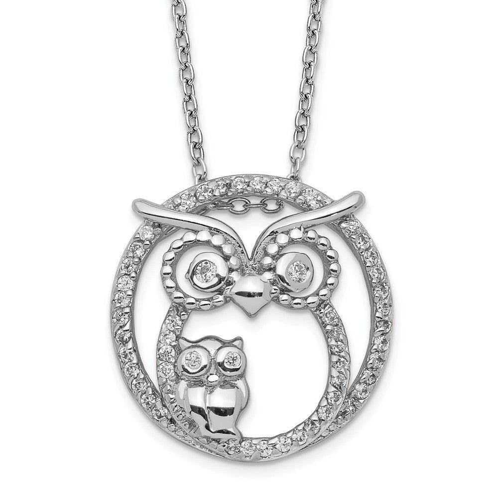 Sterling Silver Cheryl M Rhodium Plated CZ Owls 16in W/ 2in Ext Necklace