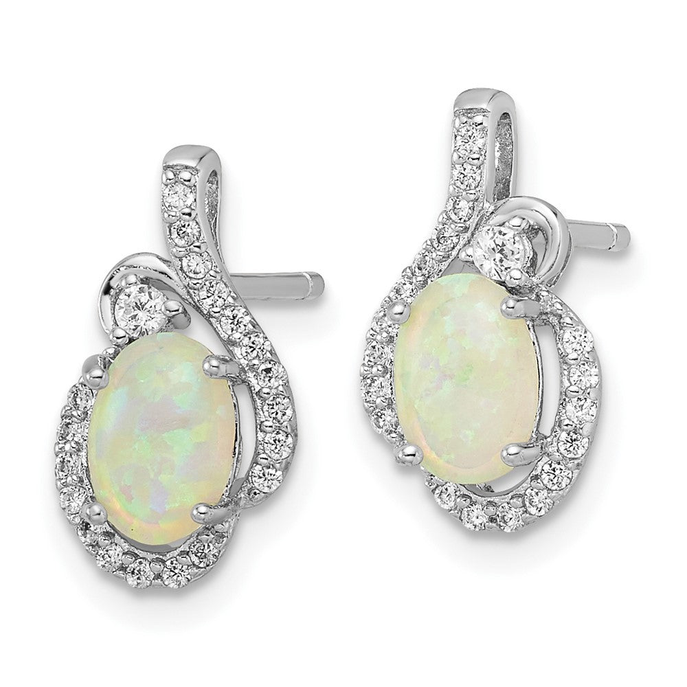 Sterling Silver Cheryl M Rhodium Plated Polished Lab Created Opal & CZ Post Earrings