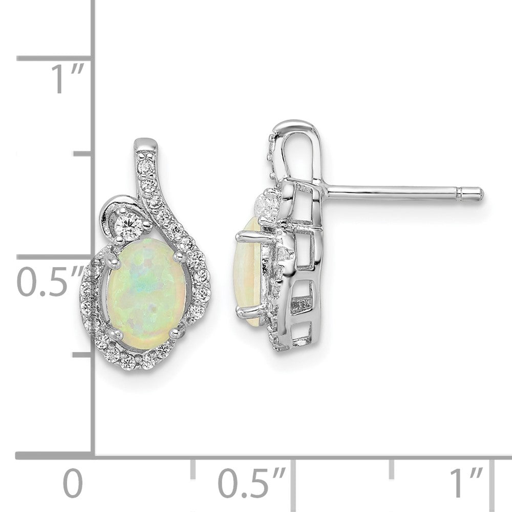 Sterling Silver Cheryl M Rhodium Plated Polished Lab Created Opal & CZ Post Earrings