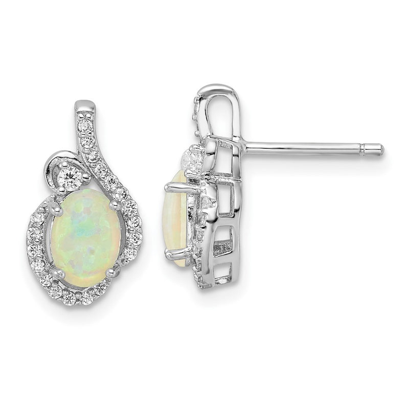 Sterling Silver Cheryl M Rhodium Plated Polished Lab Created Opal & CZ Post Earrings