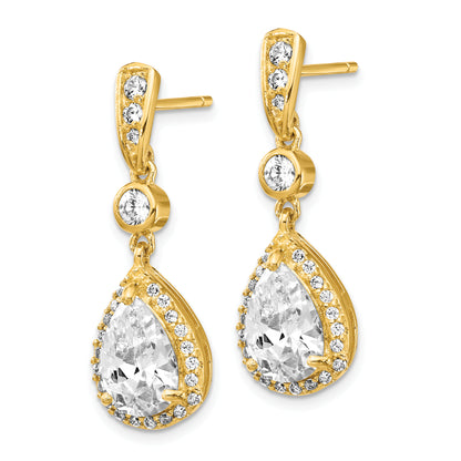 Sterling Silver Cheryl M Gold-Plated Brilliant-Cut Cz Teardrop And Bezel Halo Post Dangle Earrings