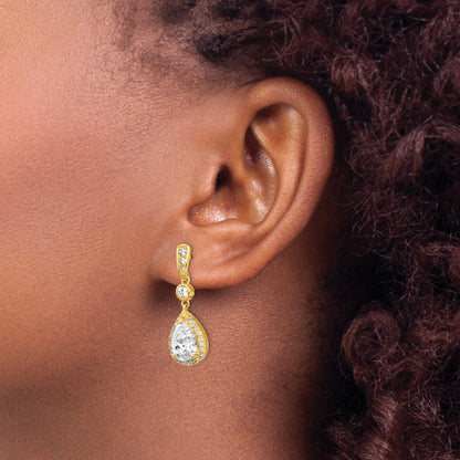 Sterling Silver Cheryl M Gold-Plated Brilliant-Cut Cz Teardrop And Bezel Halo Post Dangle Earrings