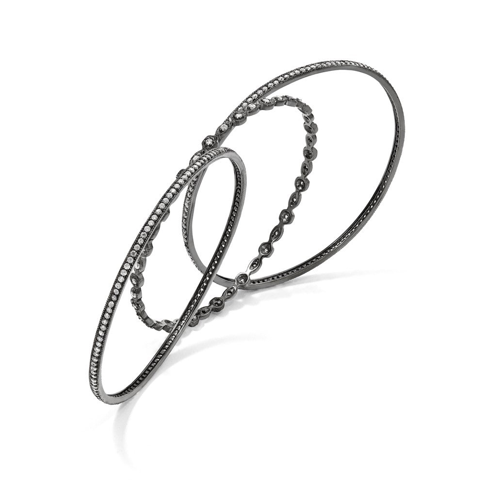Sterling Silver Cheryl M Black-Plated Cz Three Bangle Set